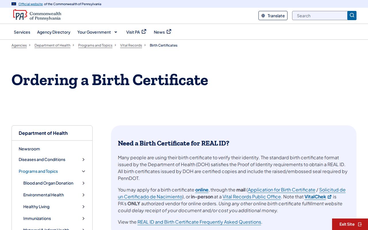 Springfield Township resident lookup Pennsylvania birth certificate information